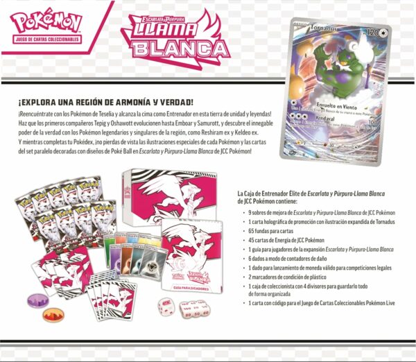 Pokémon: Caja de Entrenador Élite de Escarlata y Púrpura-Llama Blanca: Reshiram de JCC (1 Carta de promoción con ilustración expandida de Tornadus, 9 Sobres de Mejora y Accesorios prémium) - Image 5
